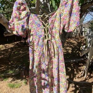 Floral Lace-Up Dress with Puff Sleeves